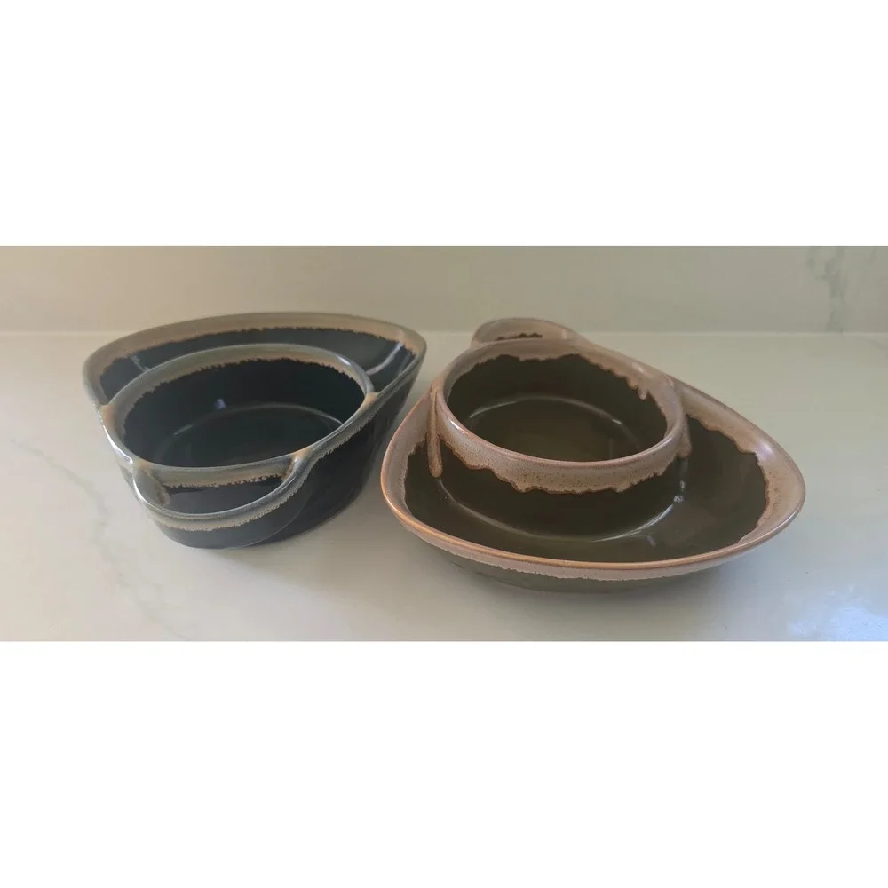 LTD Commodities Stoneware Chip and Dip Bowls Set of 2 Black‎ Olive Green Rustic
